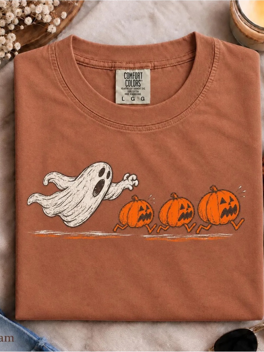 Comfort Colors Yam Orange Short Sleeve Tee with Ghost & Pumpkins